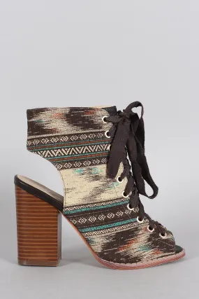 Tribal Lace Up Peep Toe Mule Chunky Heel