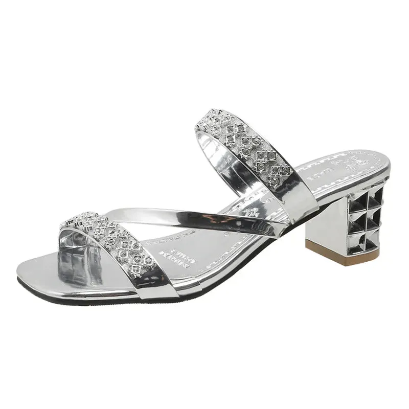 AMOZAE- - Summer Shiny Gold Silver Sandals Crystal High Heels