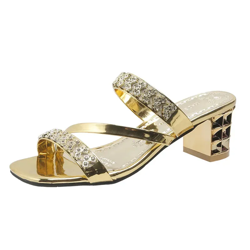 AMOZAE- - Summer Shiny Gold Silver Sandals Crystal High Heels