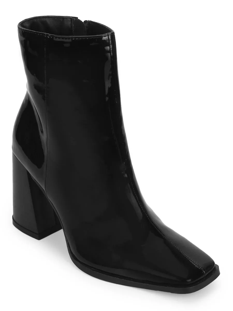 Black Patent Zip Up Square Toe Ankle Boots