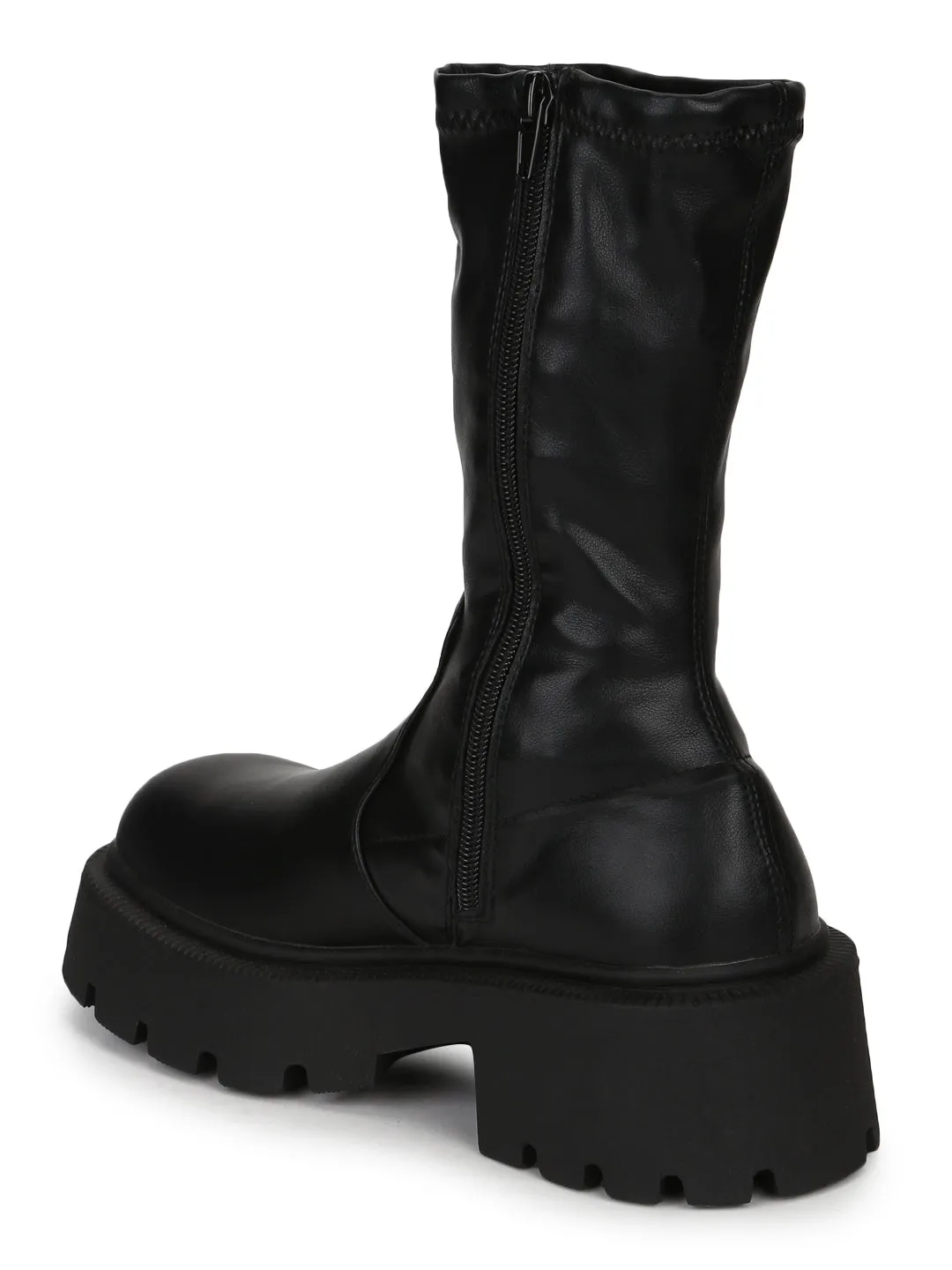 Black Stretch PU Zip Up Chunky Ankle Boots