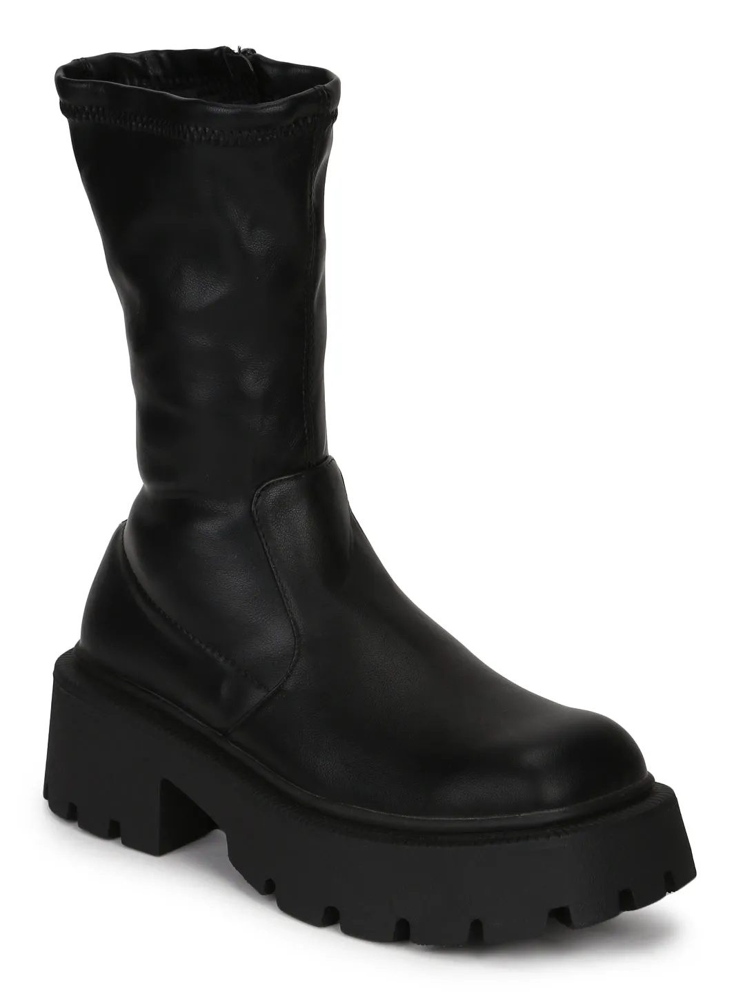 Black Stretch PU Zip Up Chunky Ankle Boots