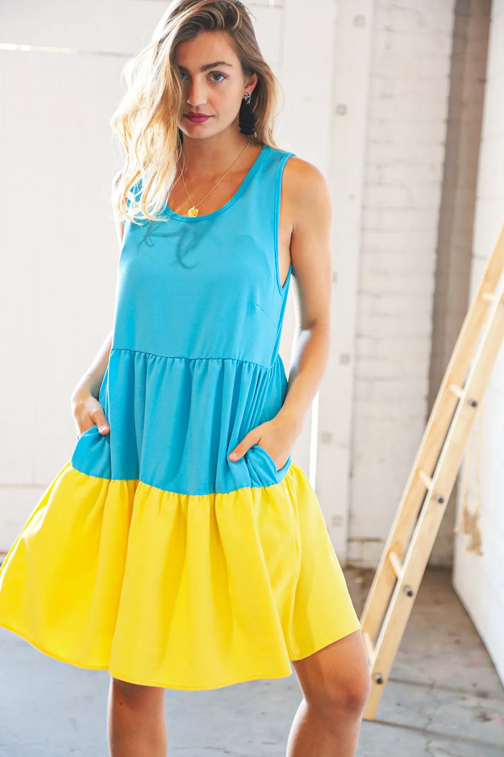 Blue Flare Color Block Tiered Woven Dress