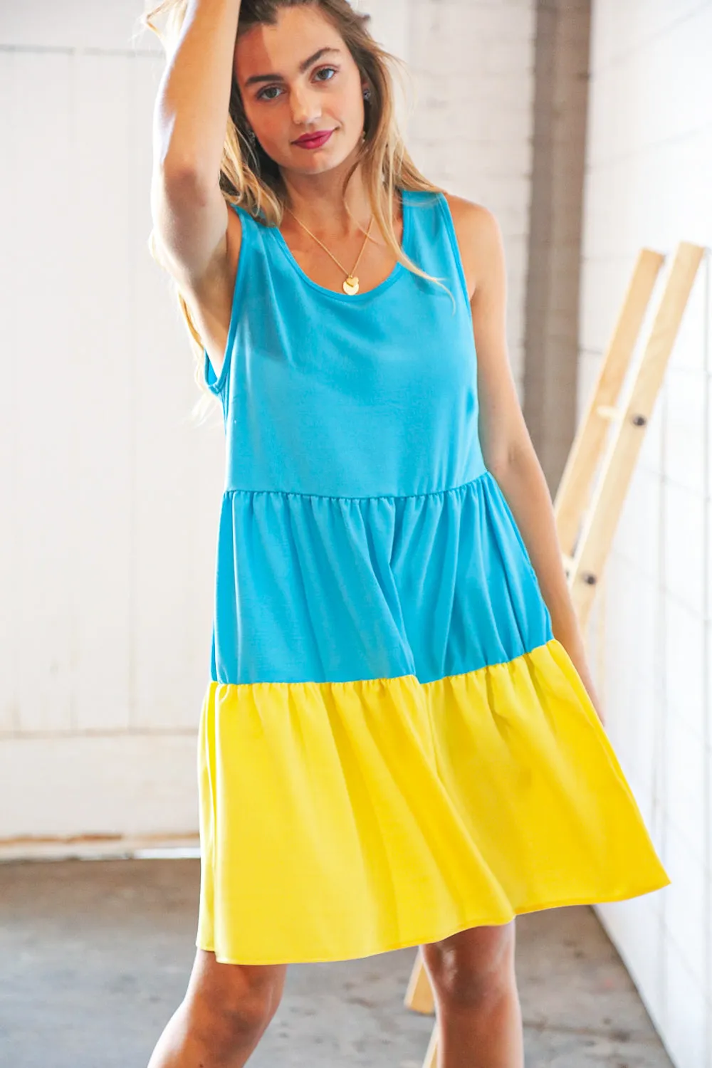 Blue Flare Color Block Tiered Woven Dress