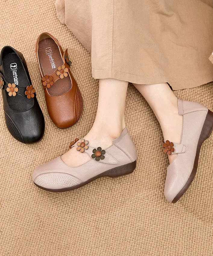 Boho Buckle Strap Flat Shoes For Women Apricot Floral Cowhide Leather LC0521