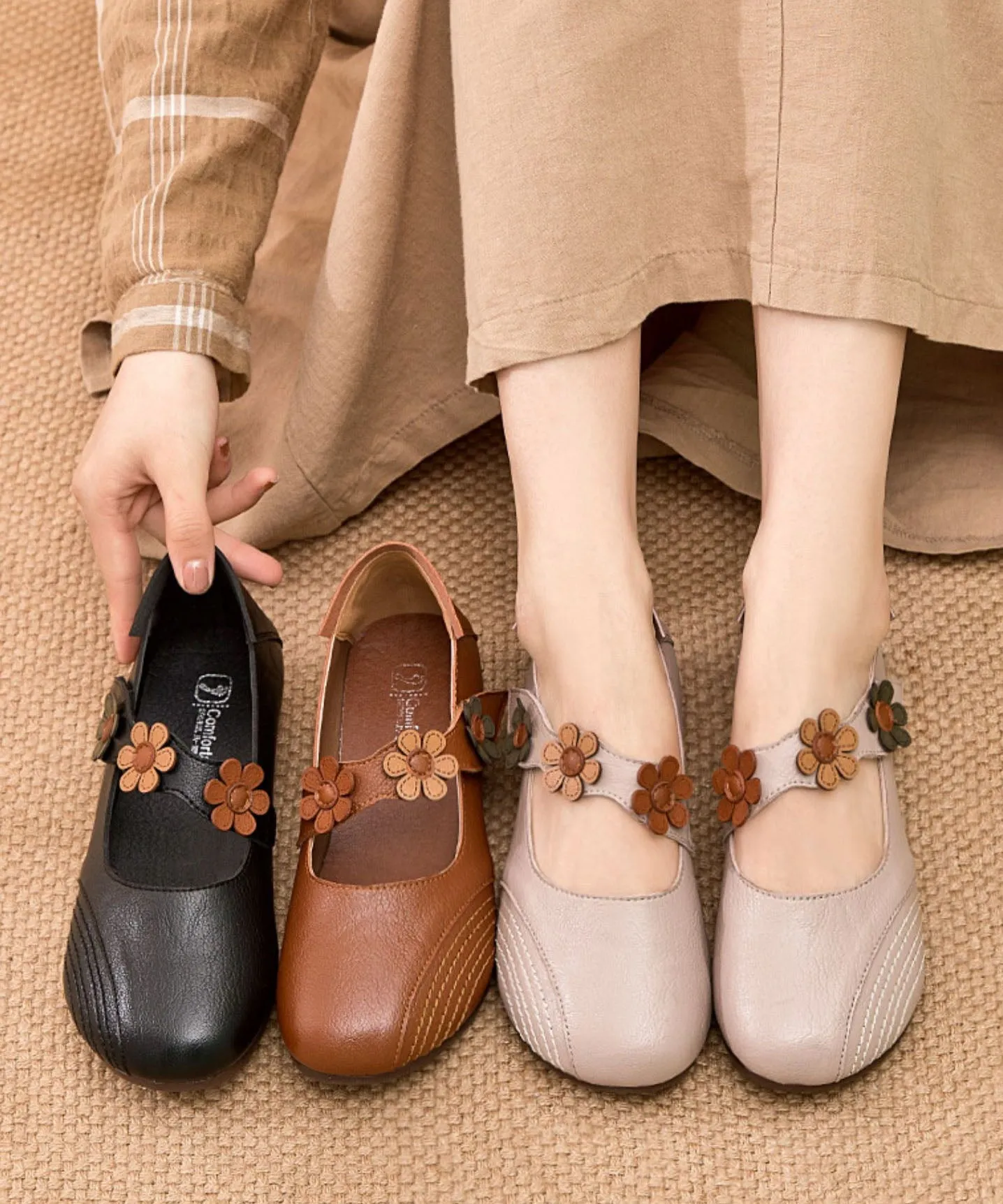 Boho Buckle Strap Flat Shoes For Women Apricot Floral Cowhide Leather LC0521