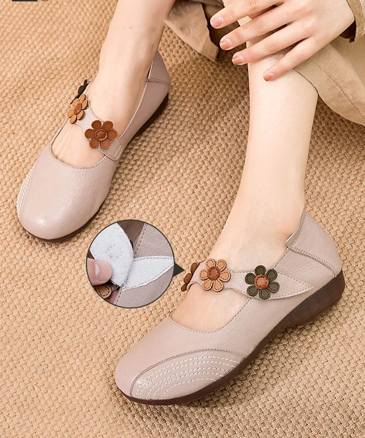 Boho Buckle Strap Flat Shoes For Women Apricot Floral Cowhide Leather LC0521