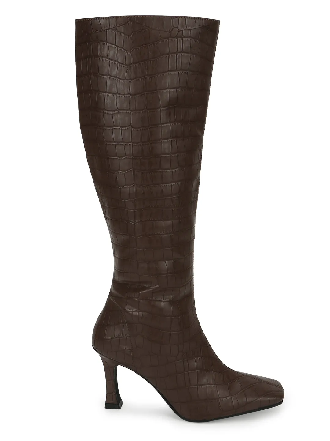 Brown Croc PU Pointed Knee High Boots (TC-ST-1158-BROCROC)