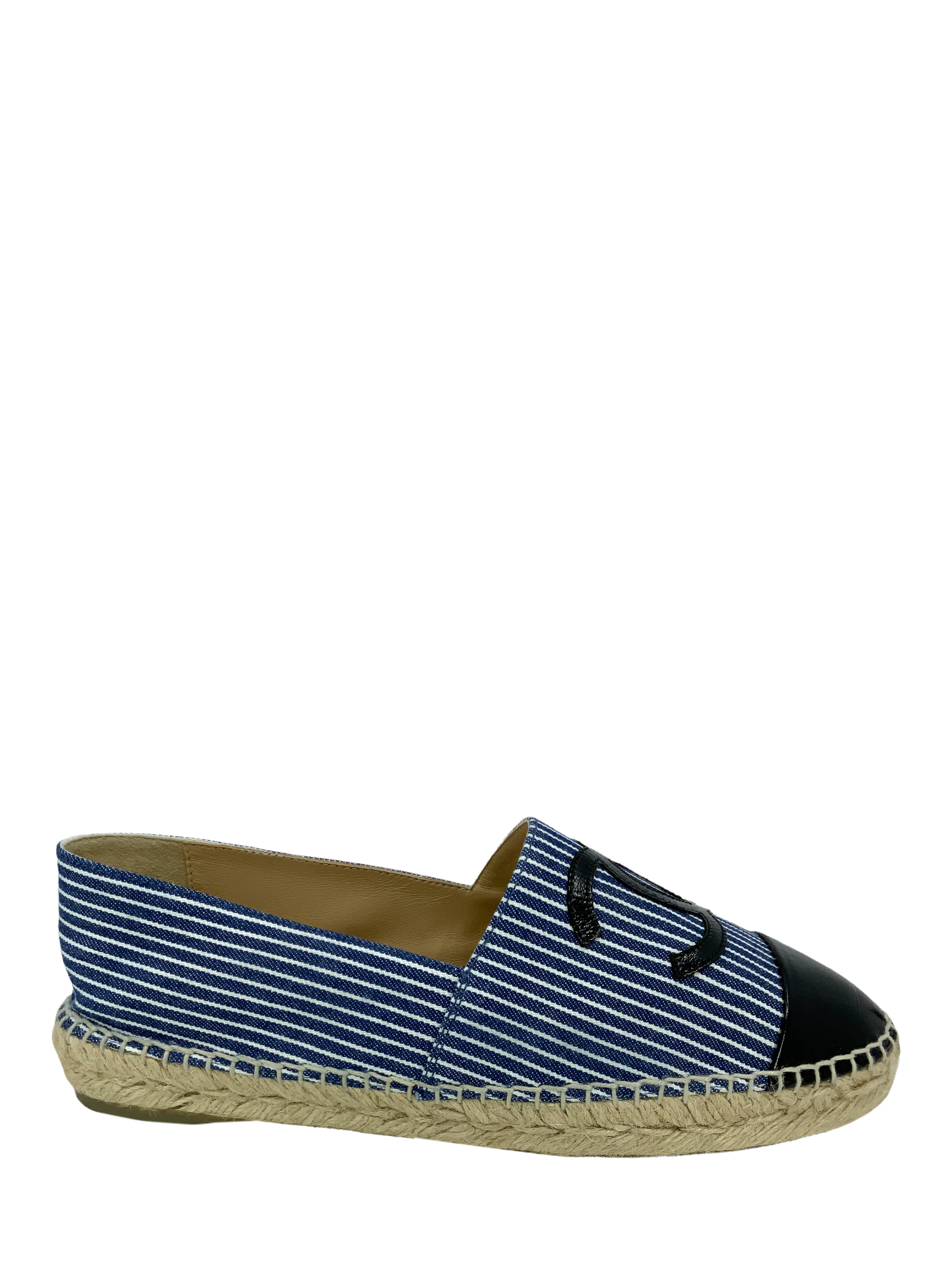 CHANEL Canvas Striped Patent Leather CC Espadrilles Size 9