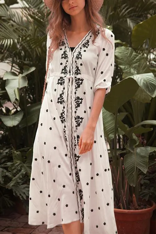 Embroidery V Neck Long Sleeve Maxi Dress