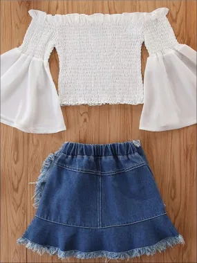 Girls Boho Ruched Flare Sleeve Top and Denim Skirt Set