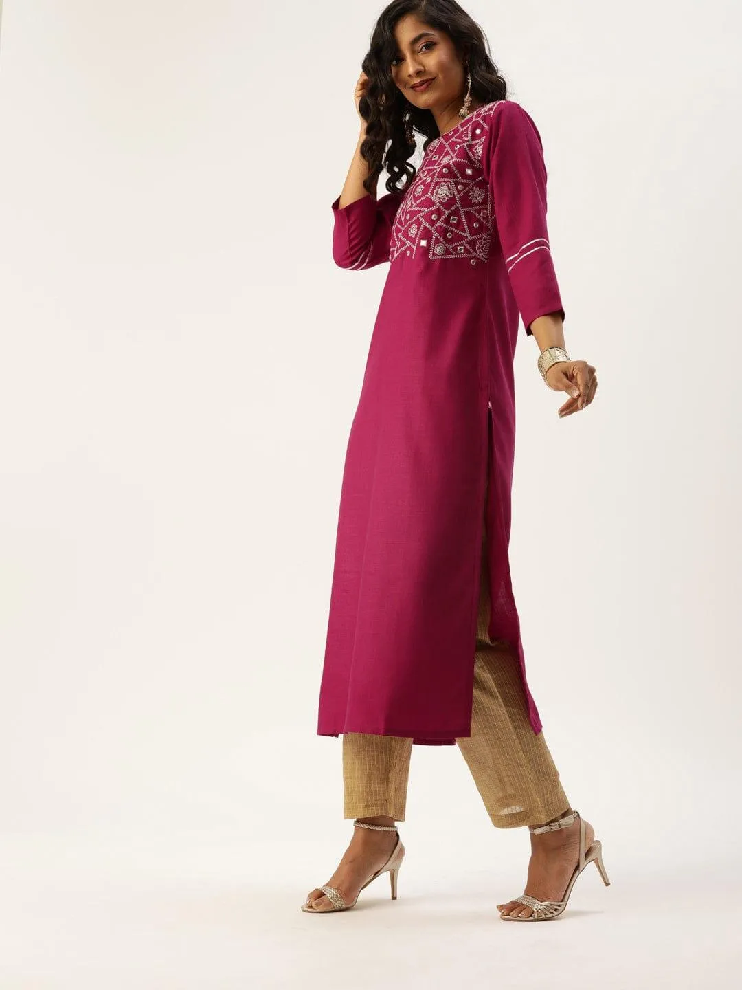 Magenta Pink Yoke Design Straight Kurta with Gotta Patti & Sequins