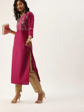 Magenta Pink Yoke Design Straight Kurta with Gotta Patti & Sequins