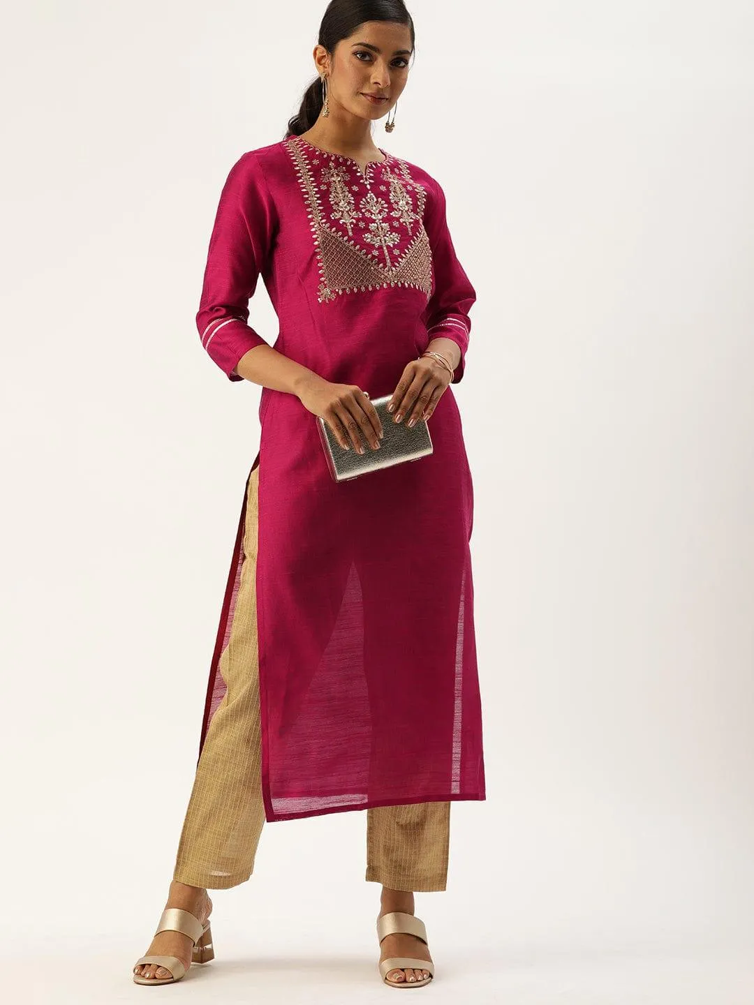 Magenta Pink Yoke Design Straight Kurta with Gotta Patti & Sequins