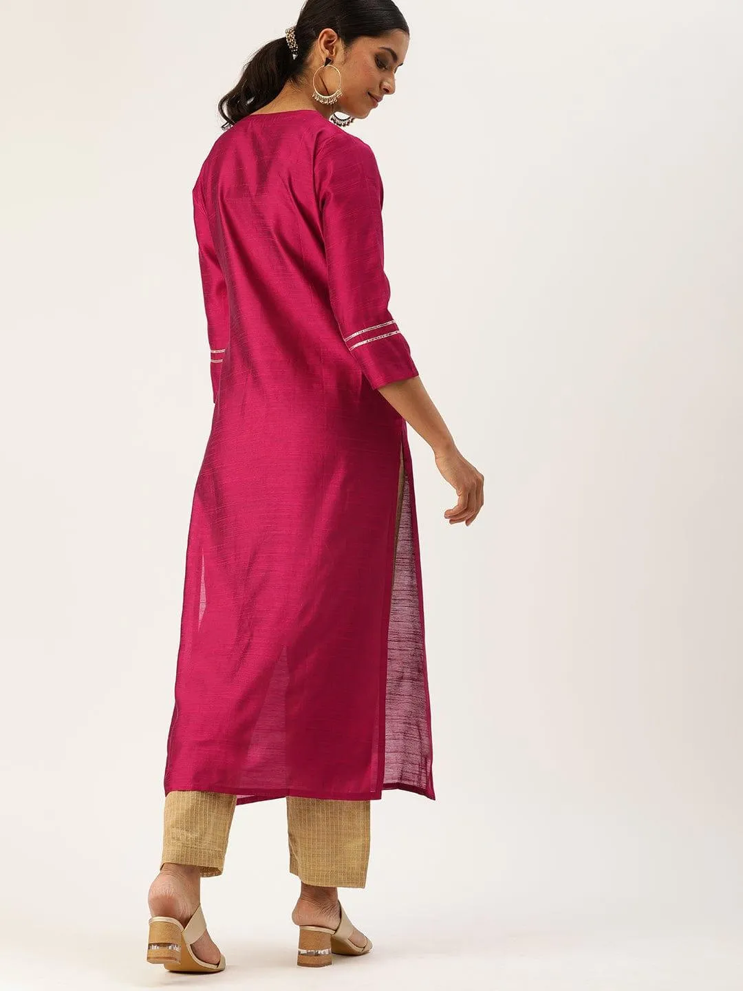 Magenta Pink Yoke Design Straight Kurta with Gotta Patti & Sequins