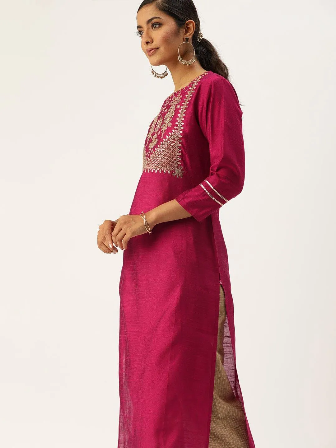 Magenta Pink Yoke Design Straight Kurta with Gotta Patti & Sequins