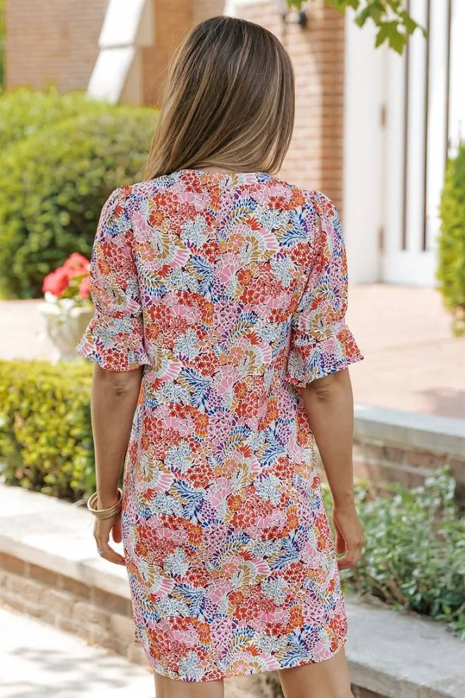 Multicolor Floral Flutter Sleeve Dress