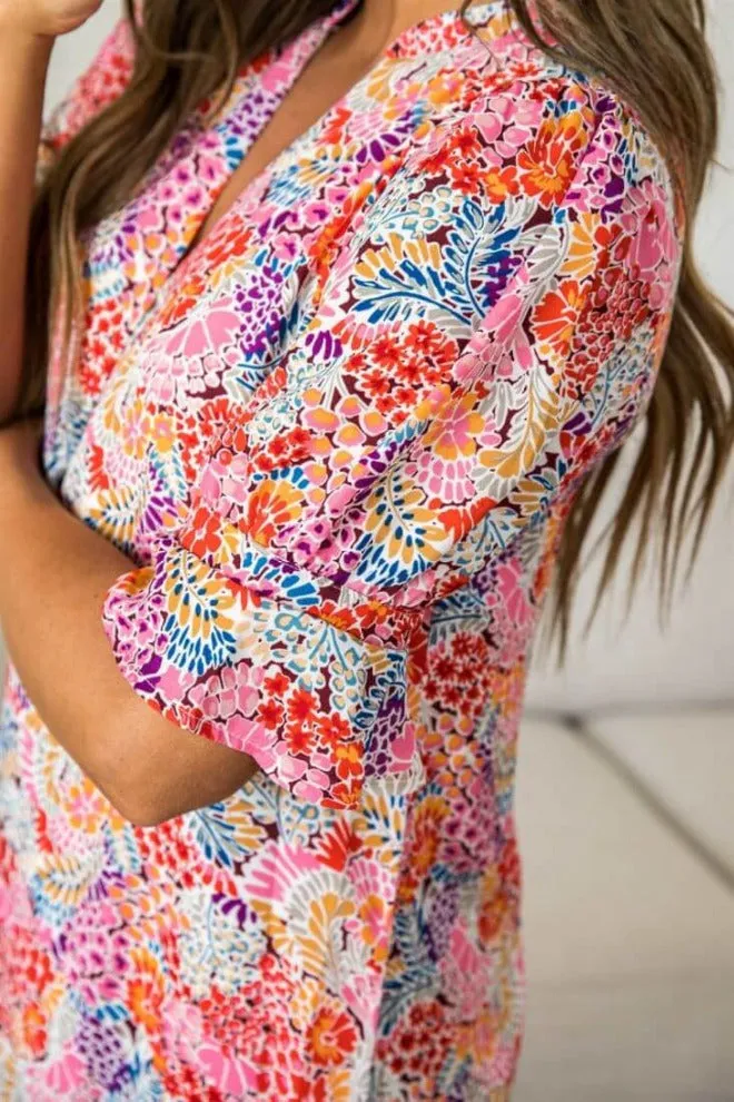 Multicolor Floral Flutter Sleeve Dress