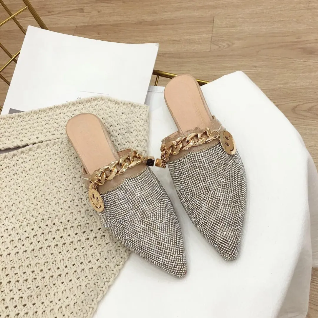 Pre Order:  Shiny Rhinestone Flat Heel Mule Sandals