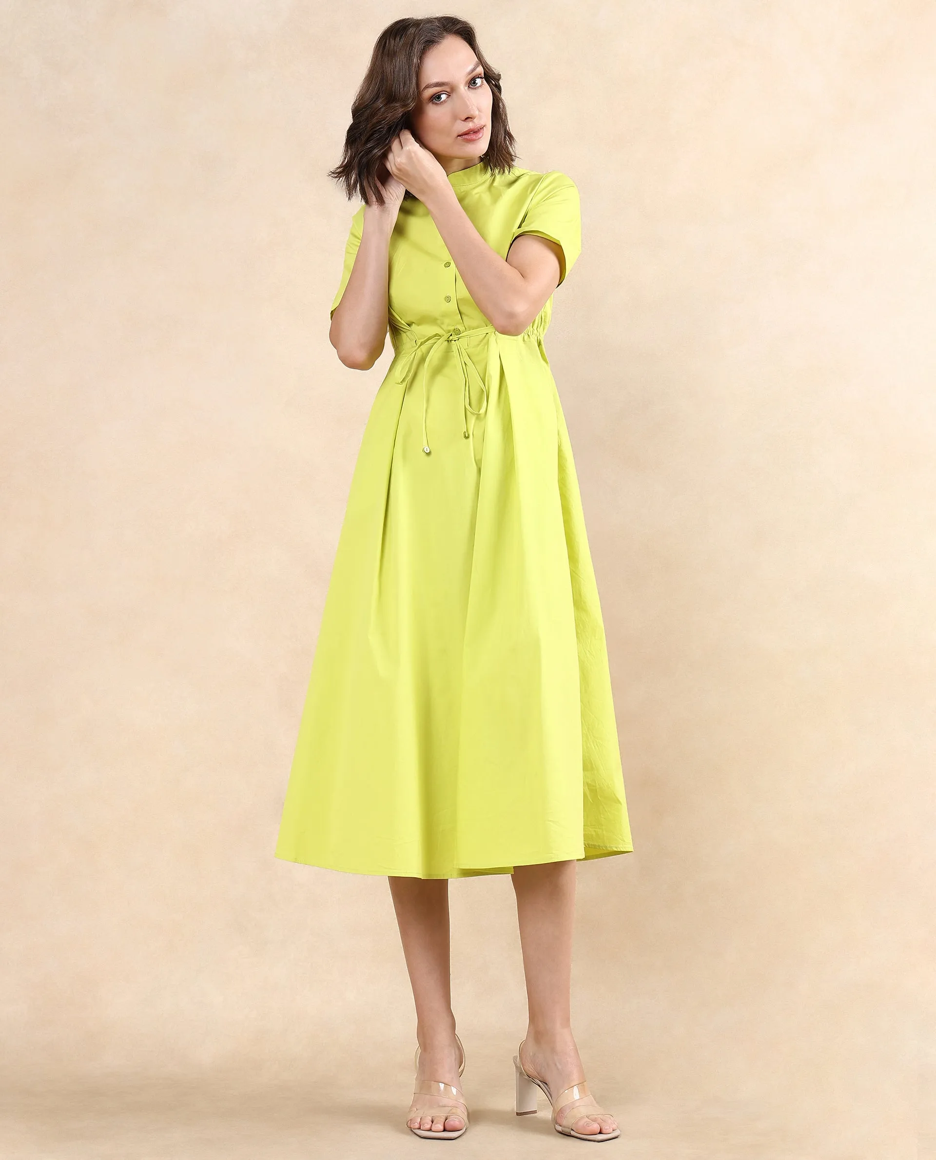 Rareism Women Rokl Green Cotton Blend Fabric Short Sleeve Mandarin Collar Button Closure Flared Fit Midi Plain Dress