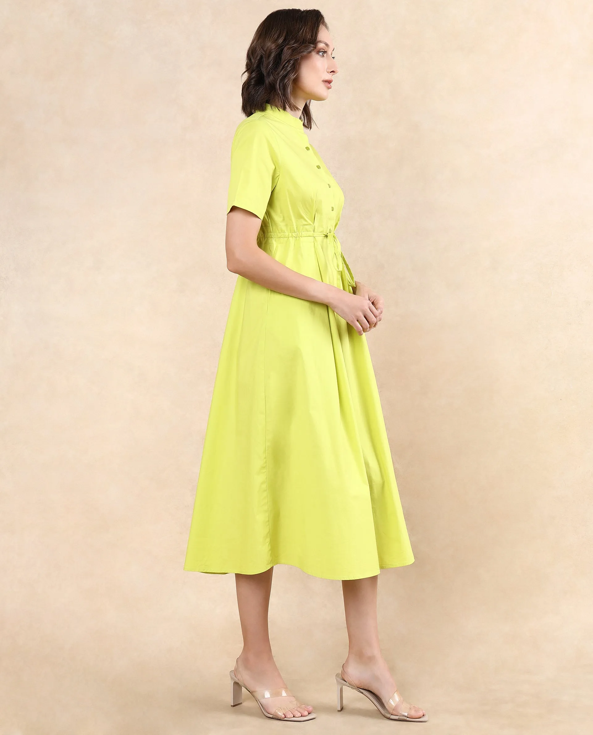 Rareism Women Rokl Green Cotton Blend Fabric Short Sleeve Mandarin Collar Button Closure Flared Fit Midi Plain Dress