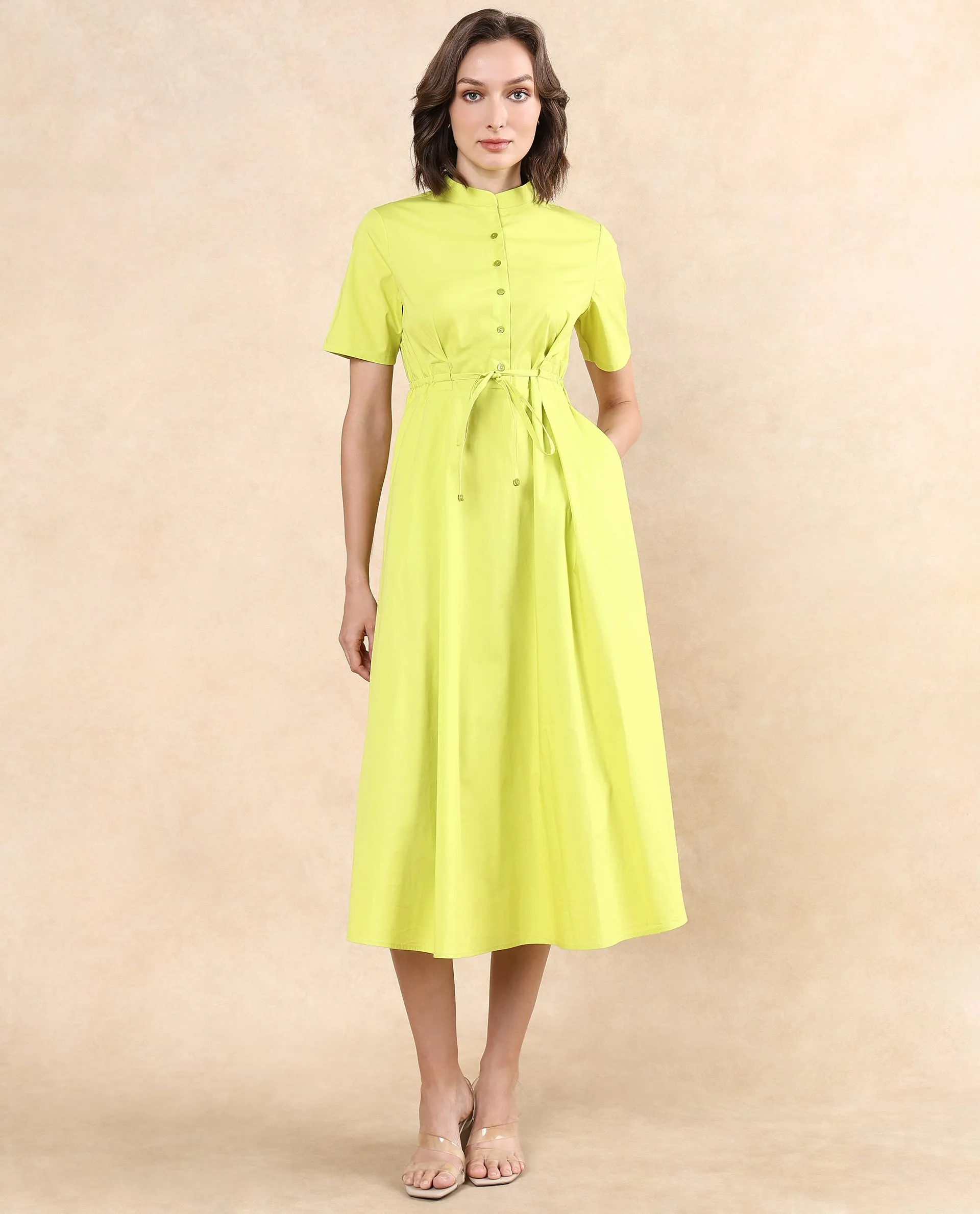 Rareism Women Rokl Green Cotton Blend Fabric Short Sleeve Mandarin Collar Button Closure Flared Fit Midi Plain Dress