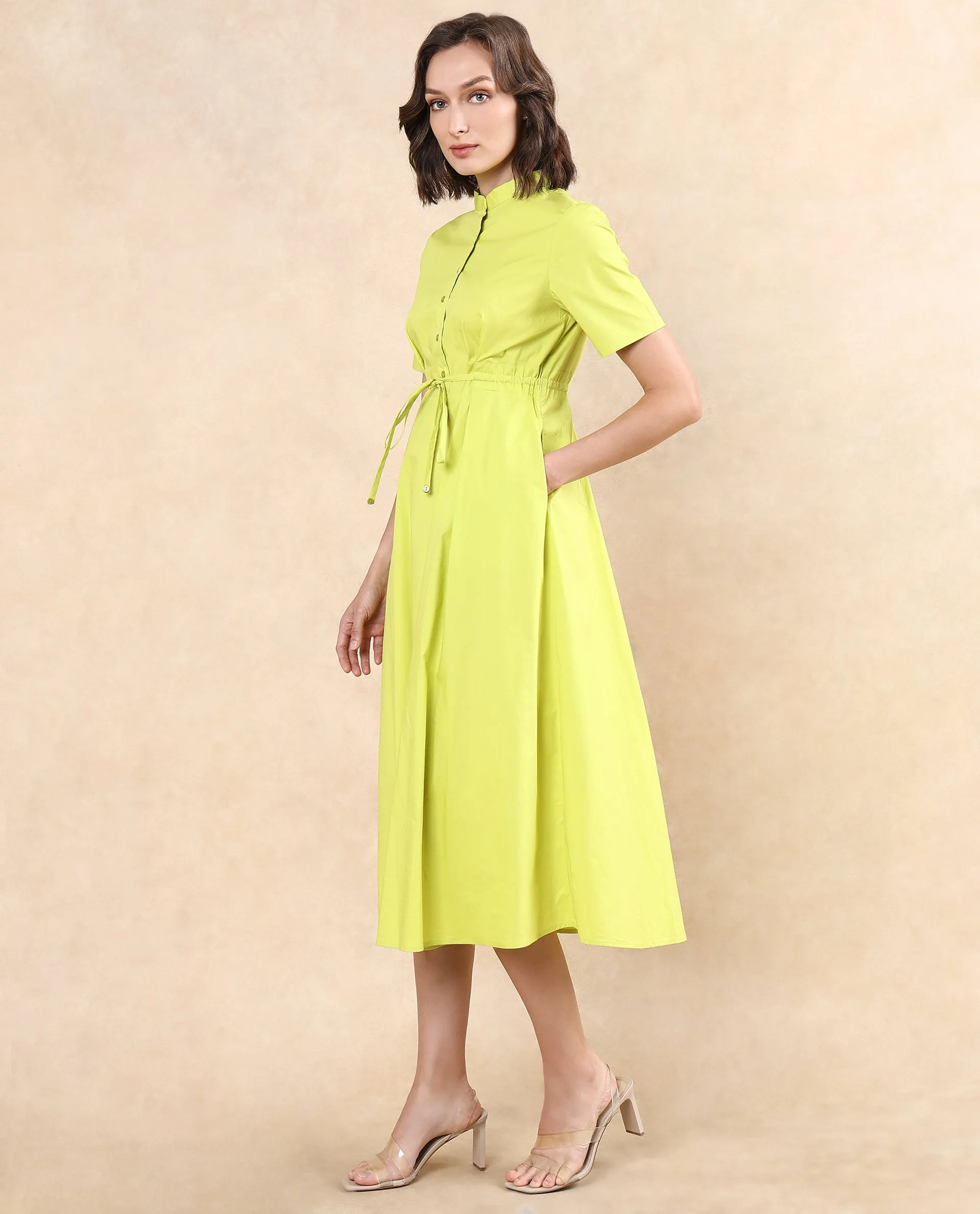 Rareism Women Rokl Green Cotton Blend Fabric Short Sleeve Mandarin Collar Button Closure Flared Fit Midi Plain Dress