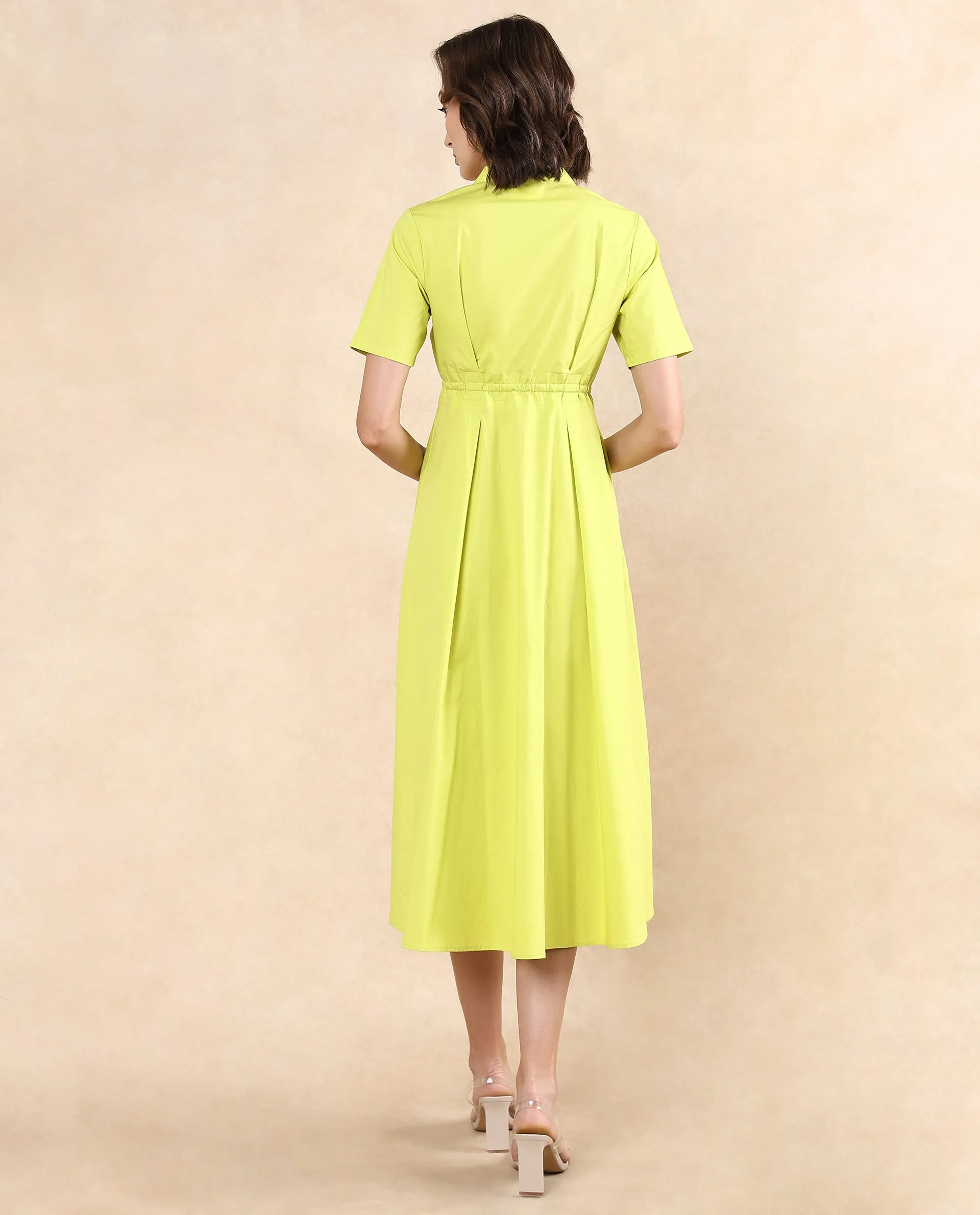 Rareism Women Rokl Green Cotton Blend Fabric Short Sleeve Mandarin Collar Button Closure Flared Fit Midi Plain Dress