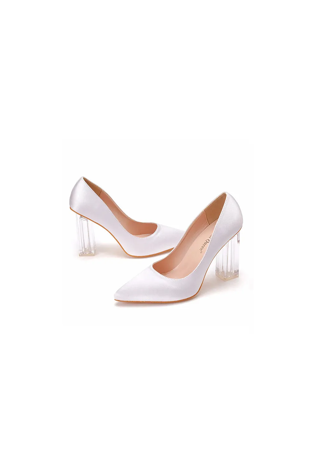 Simple White Pointed Toe Transparent Block Heels