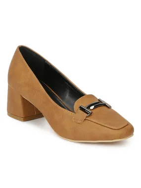 Tan PU Loafer Style Low Block Heels