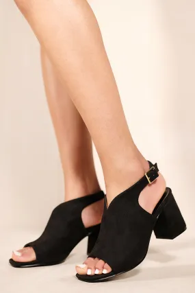 TESSA MID HIGH BLOCK HEEL OPEN TOE SANDALS IN BLACK SUEDE