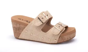 Twinkie Shiny Raffia Buckle Strap Wedge Sandal