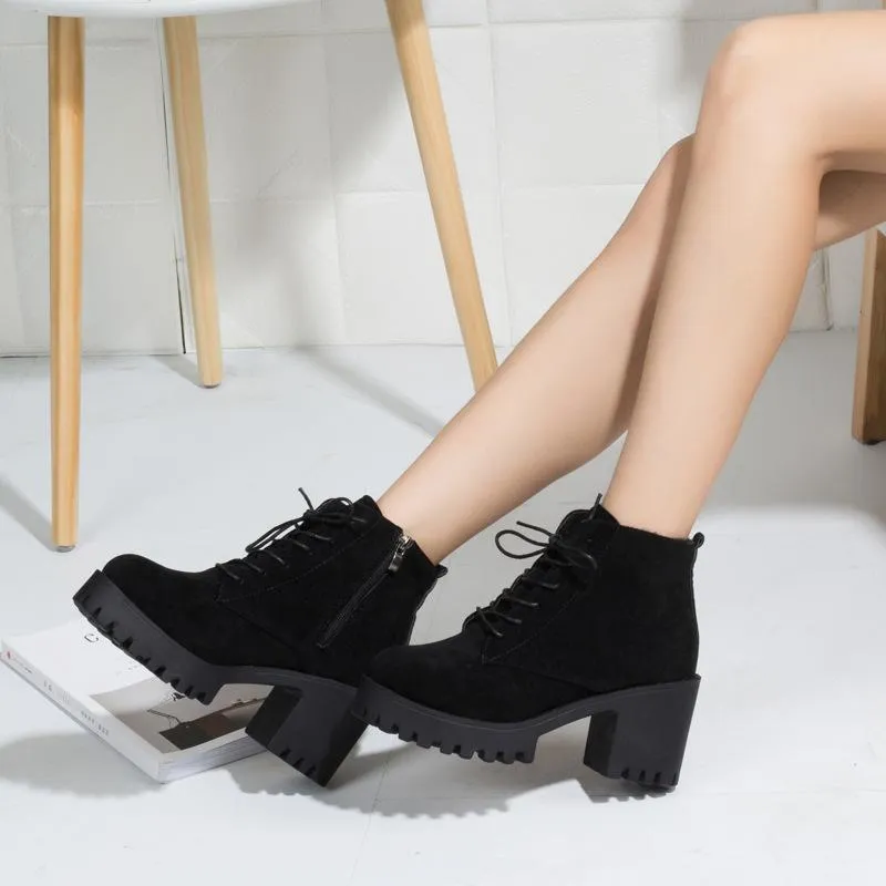 Women ankle lace up platform chunky high heel boots