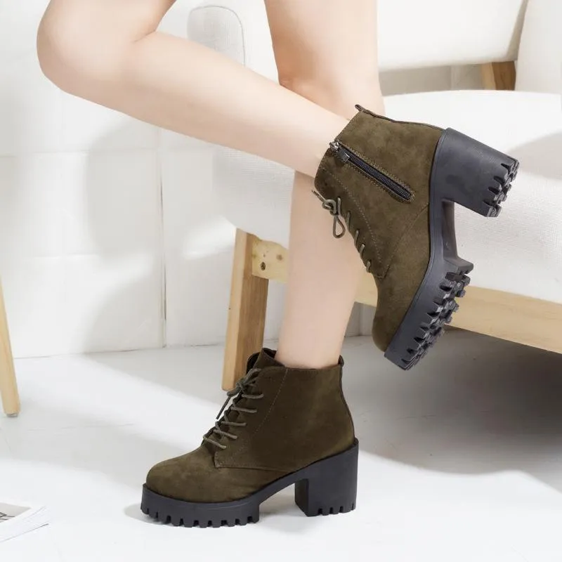 Women ankle lace up platform chunky high heel boots