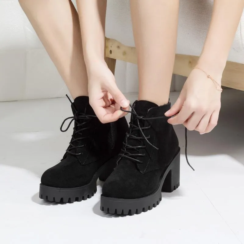 Women ankle lace up platform chunky high heel boots