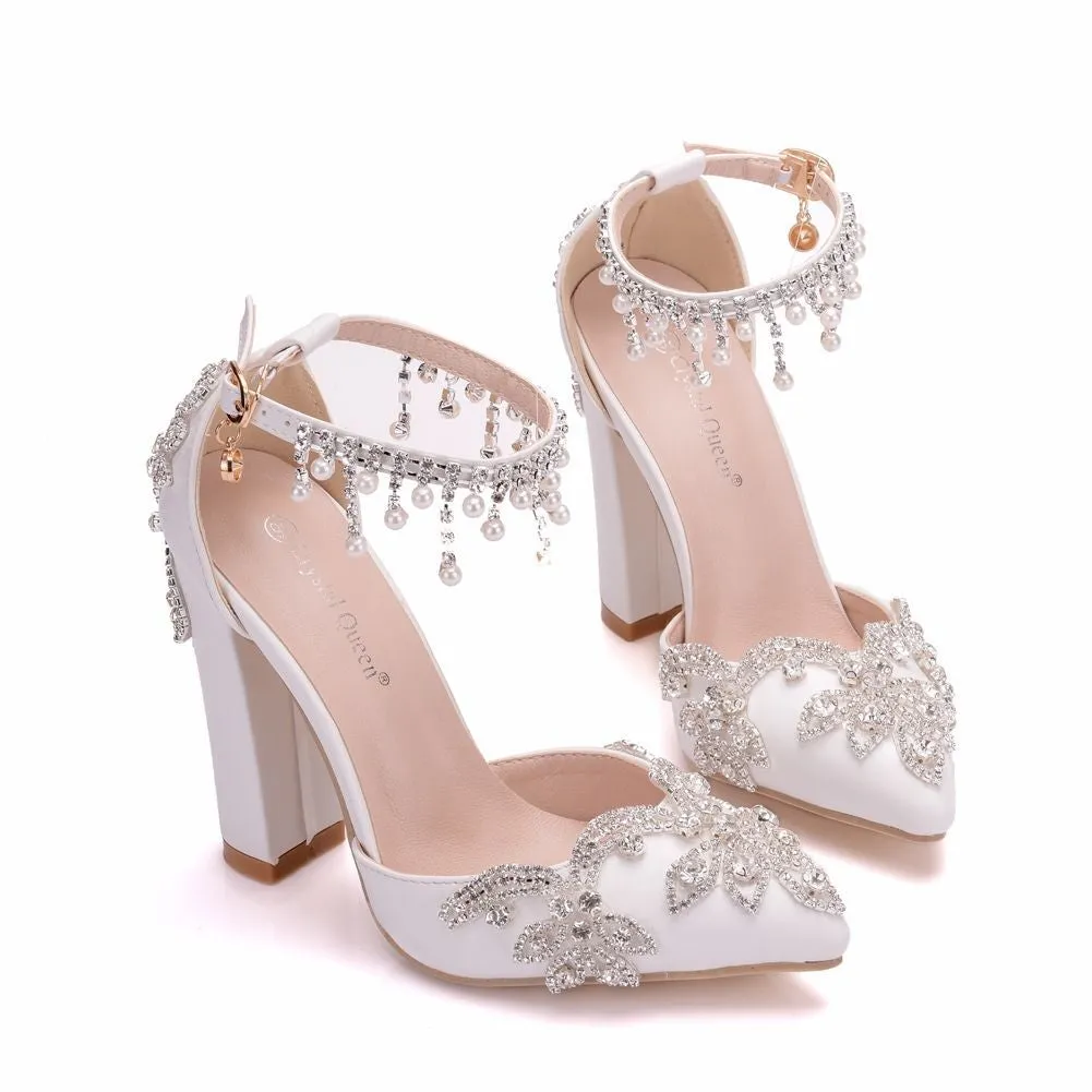 Women bridal rhinestone flower pointed toe side cut chunky wedding heels