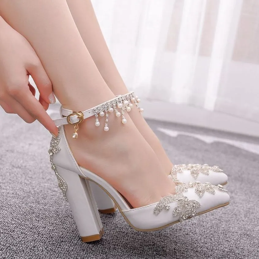 Women bridal rhinestone flower pointed toe side cut chunky wedding heels