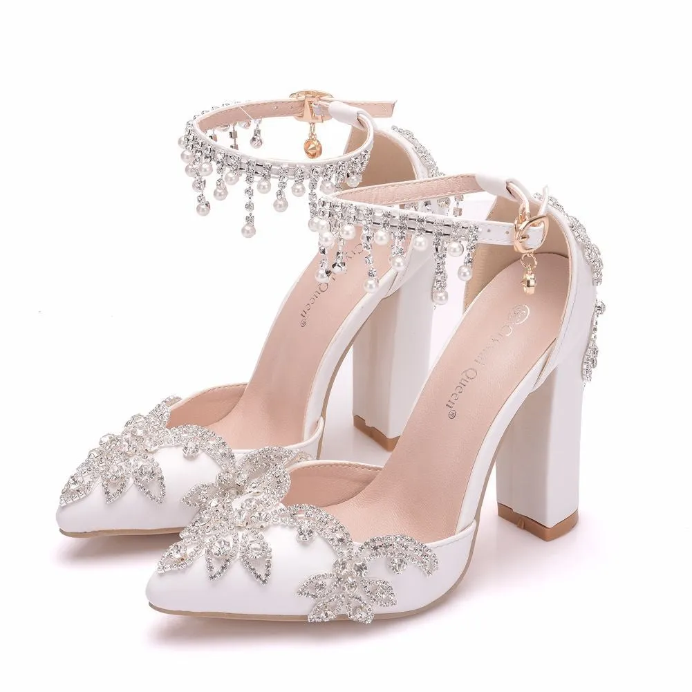 Women bridal rhinestone flower pointed toe side cut chunky wedding heels