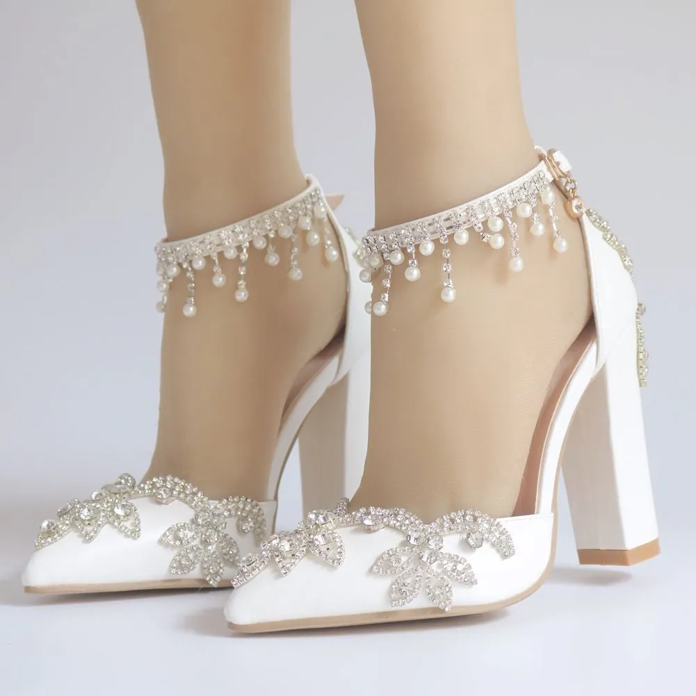 Women bridal rhinestone flower pointed toe side cut chunky wedding heels