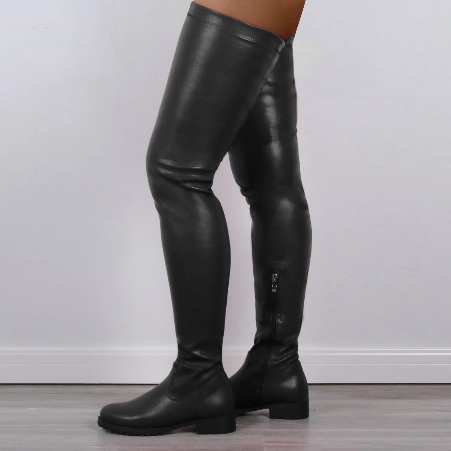 Women chunky heel side zipper elastic over the knee boots