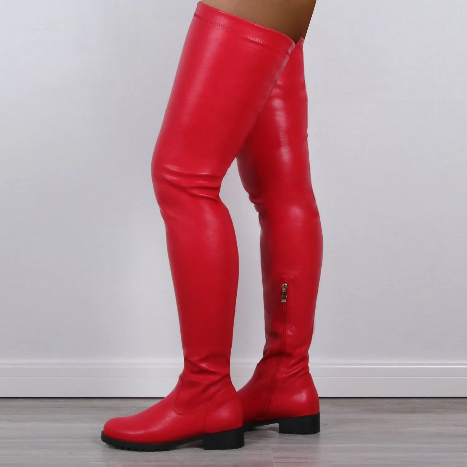 Women chunky heel side zipper elastic over the knee boots