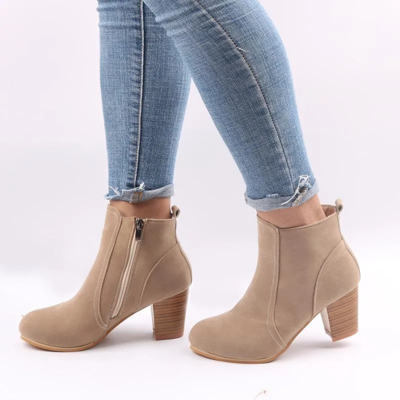 Women chunky heel side zipper round toe ankle boots