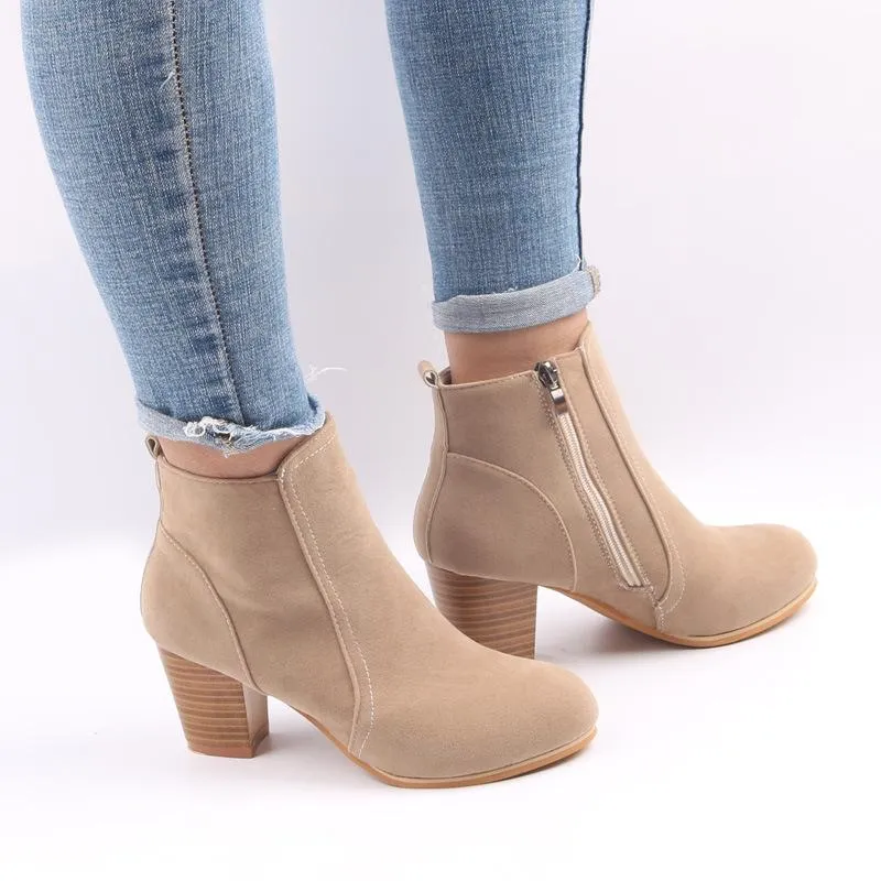 Women chunky heel side zipper round toe ankle boots