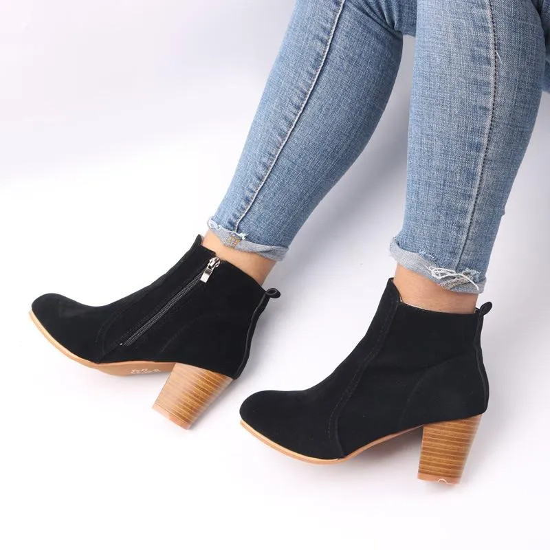 Women chunky heel side zipper round toe ankle boots