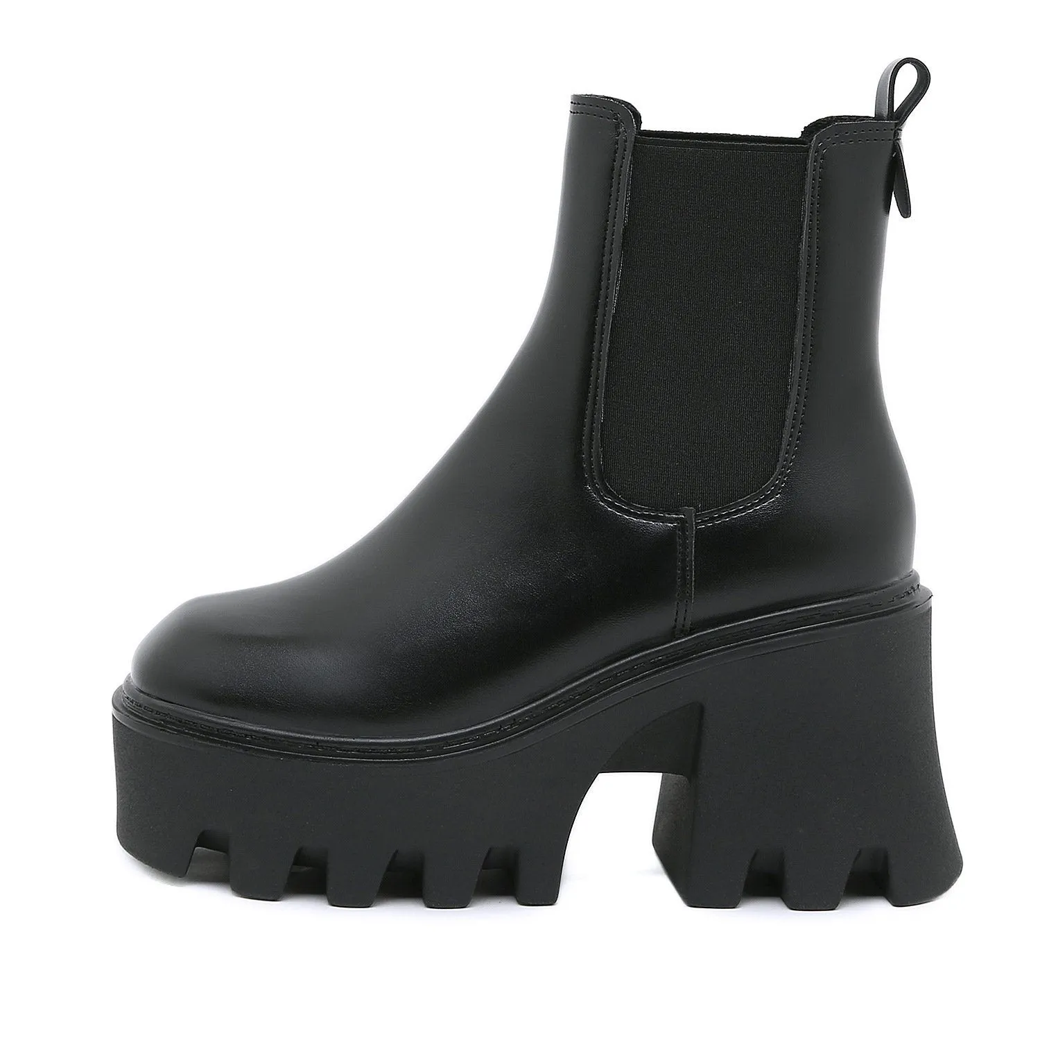 Women chunky platform slip on black chelsea boots