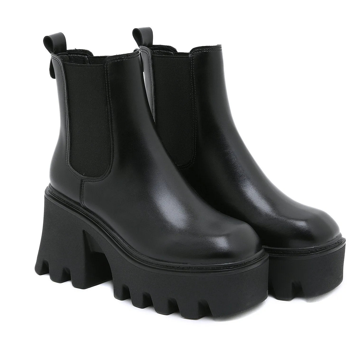 Women chunky platform slip on black chelsea boots