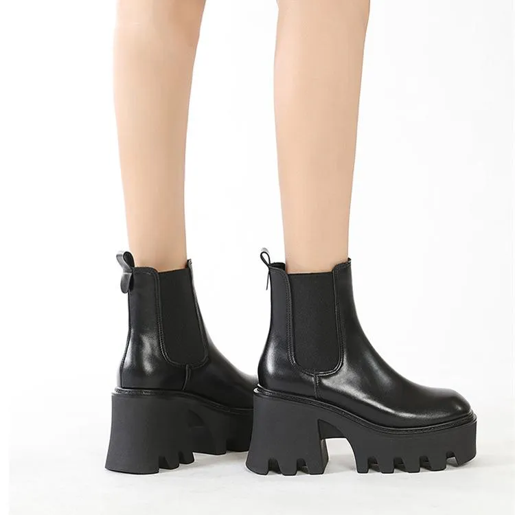 Women chunky platform slip on black chelsea boots