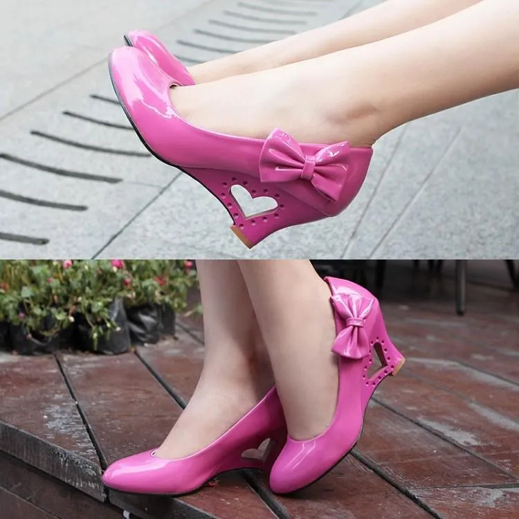 Women closed toe bowknot heart hollow solid color cute heels