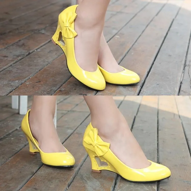 Women closed toe bowknot heart hollow solid color cute heels