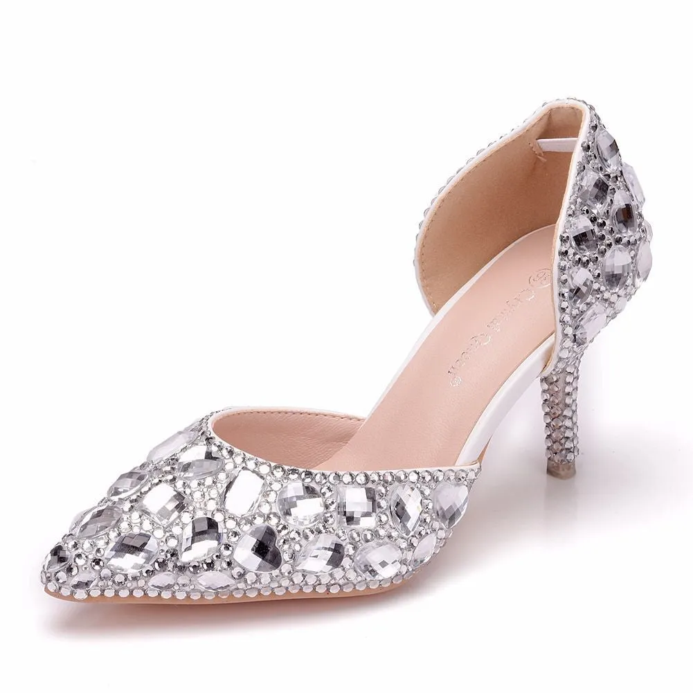 Women cute rhinestone side cut pointed toe stiletto wedding heels